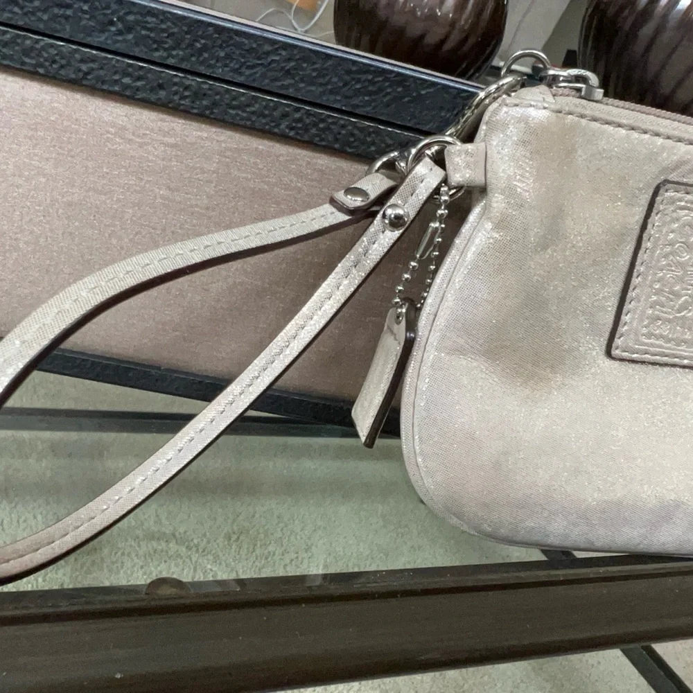 Coach Op Art Metallic Shimmer Silver Poppy Graffiti Wristlet Pouch Bag